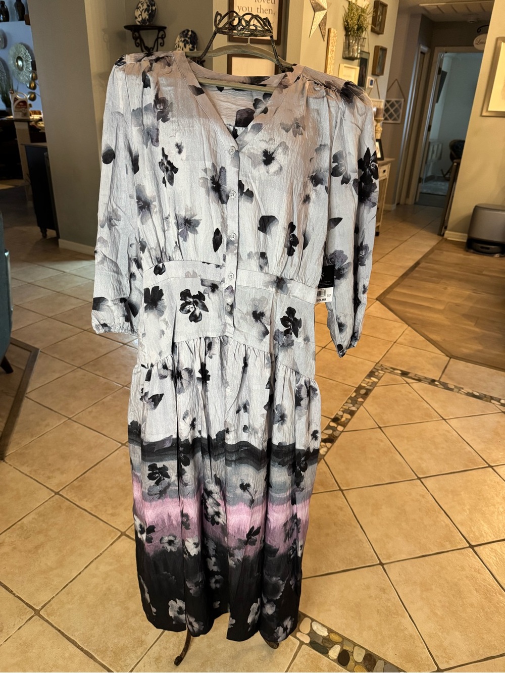 NWT Simply Vera Vera Wang Floral Midi Maxi Dress M Gray Pink Black $70